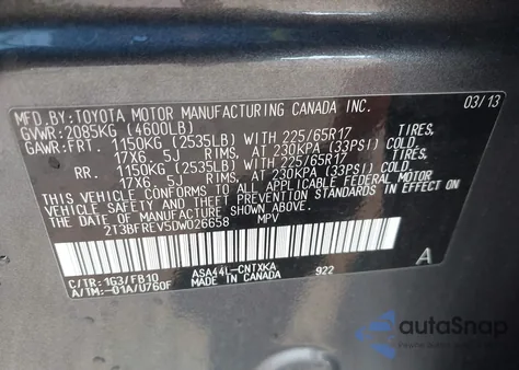 2013 Toyota Rav4 Le из США, поврежденный, VIN 2T3BFREV5DW026658